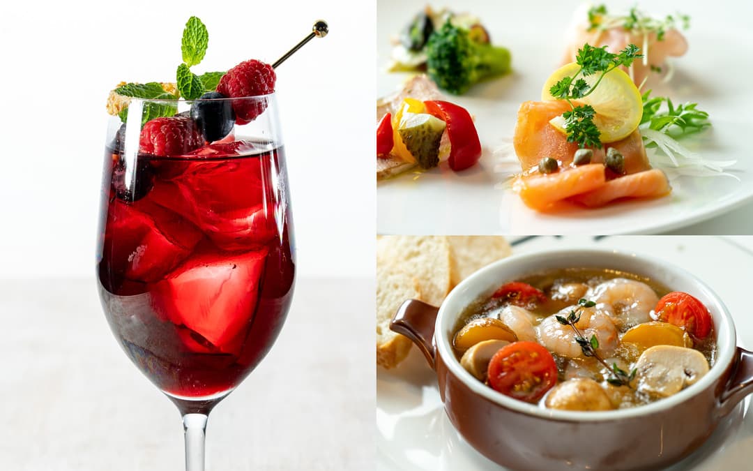 モクテル「グレープワインクルーラー」とアペライザー盛り合わせ、海老と茸のアヒージョ